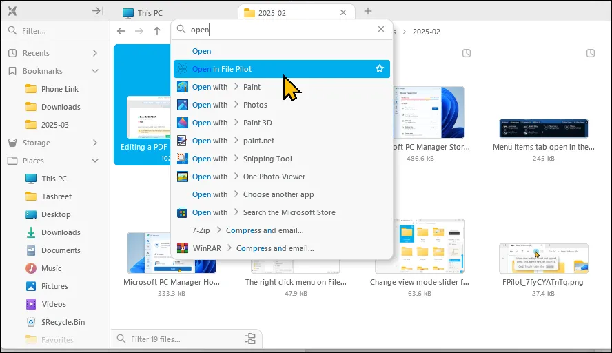 Chức năng tìm kiếm tiện lợi được tích hợp vào menu ngữ cảnh của File Pilot, giúp nhanh chóng tìm lệnh mong muốn.