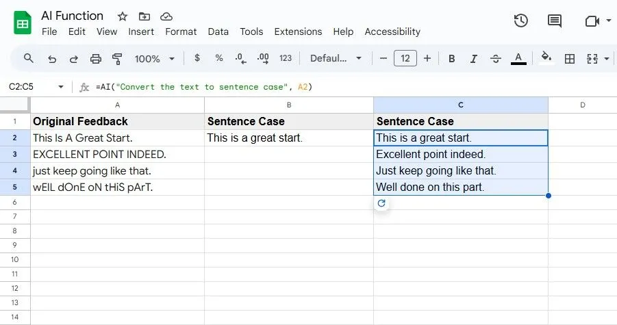 Chuyển đổi một dải ô chứa văn bản sang định dạng câu (sentence case) bằng hàm AI() trong Google Sheets dễ dàng.