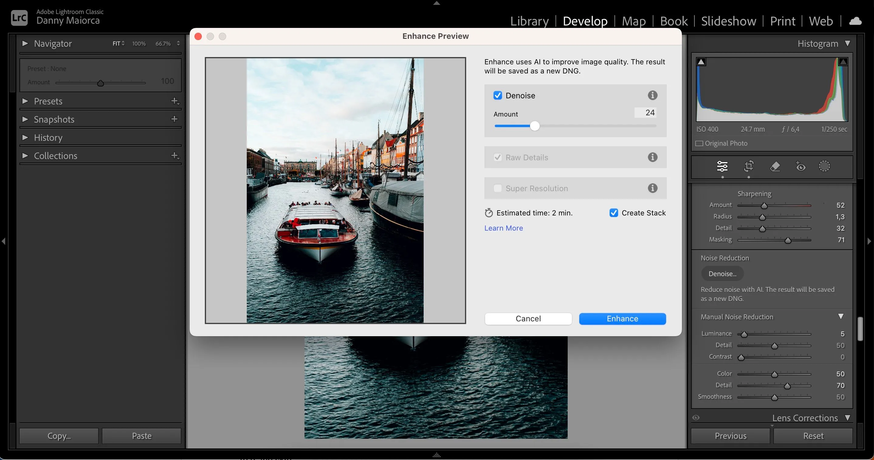 Công cụ AI Denoise trong Adobe Lightroom đang được sử dụng để giảm nhiễu ảnh