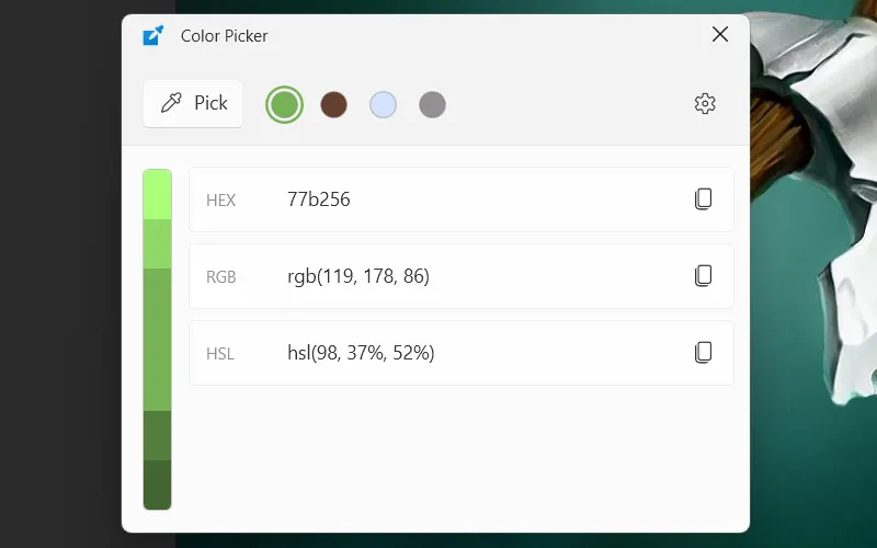Công cụ Color Picker của PowerToys trên Windows giúp chọn và sao chép mã màu từ mọi vị trí trên màn hình