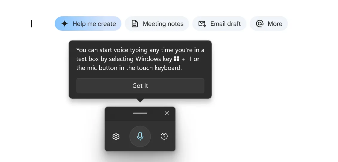 Công cụ Gõ bằng Giọng nói (Voice Typing Tool) của Windows đang hoạt động, sẵn sàng ghi nhận lời nói của bạn vào tài liệu