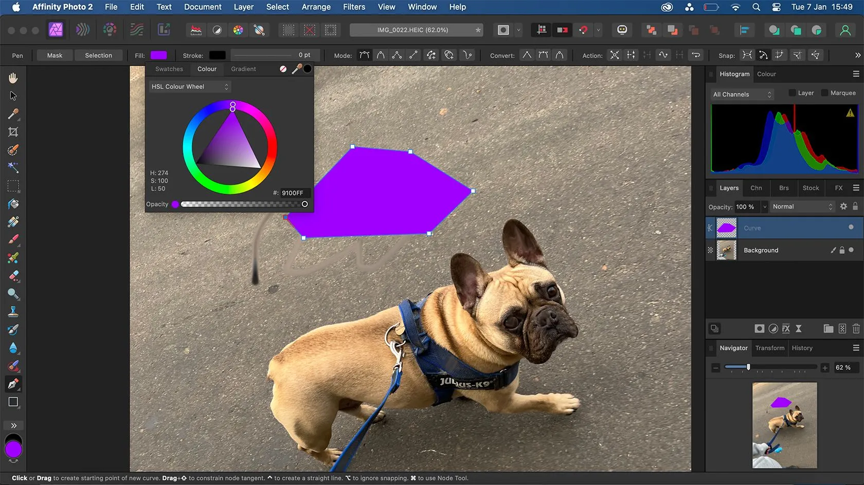 Công cụ Pen Tool trong Affinity Photo để vẽ đường Path và hình dạng.