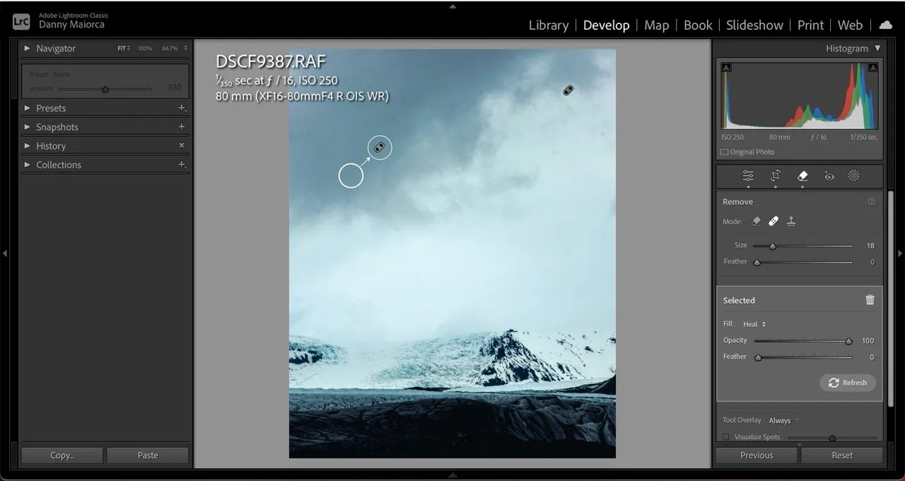 Công cụ Spot Removal trong Lightroom hiển thị các điểm ảnh cần loại bỏ trên ảnh.