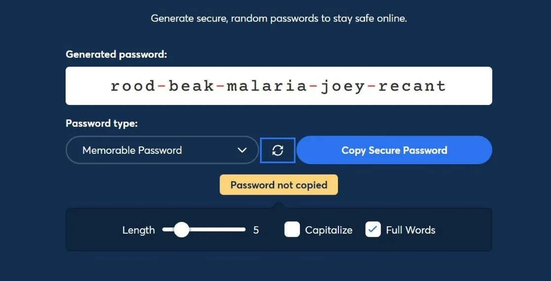 Công cụ tạo passphrase của 1Password giúp người dùng tạo mật khẩu phức tạp và dễ nhớ.