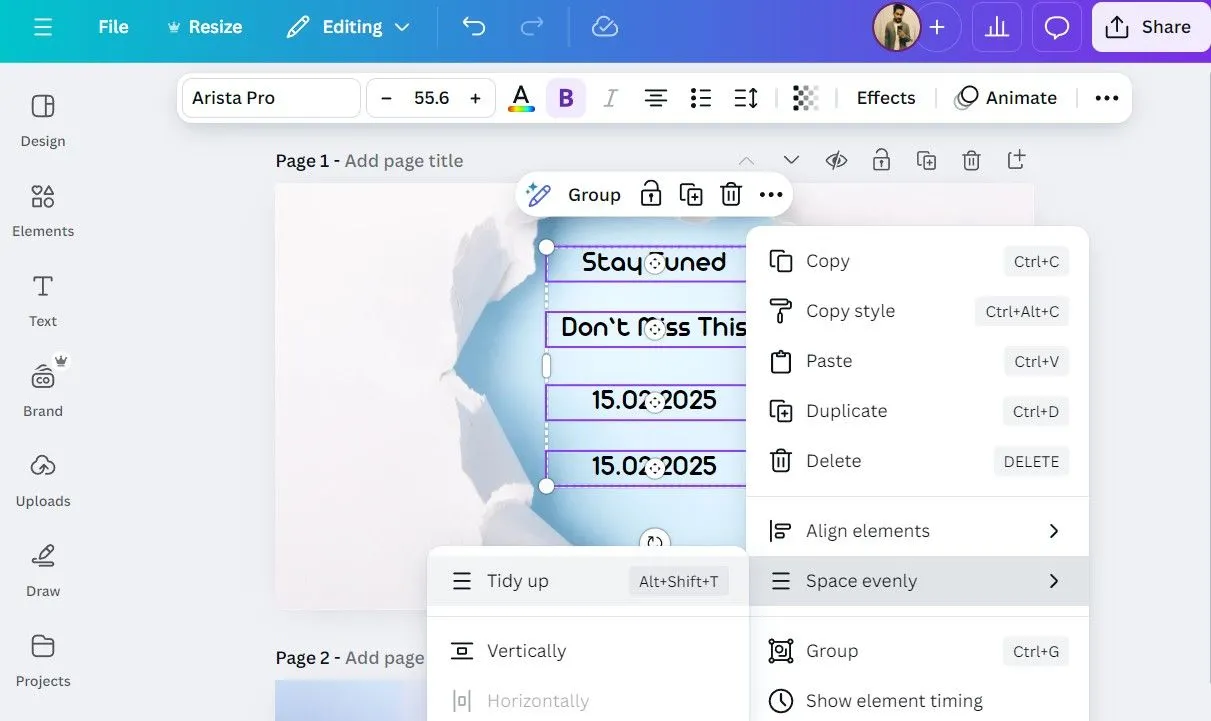 Công cụ Tidy Up trong ứng dụng Canva trên máy tính, giúp căn chỉnh và phân bổ đều các đối tượng đã chọn để tạo bố cục gọn gàng