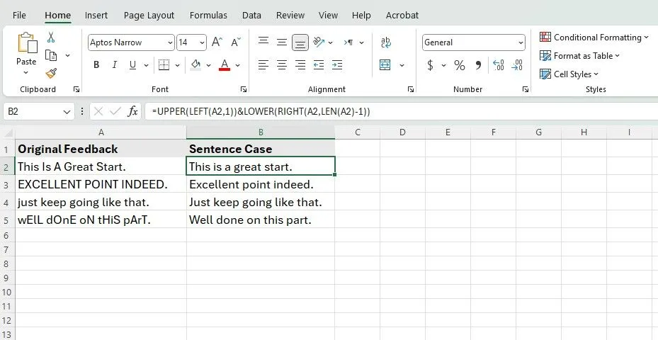 Công thức Excel phức tạp để chuyển đổi văn bản sang định dạng câu (sentence case) thủ công.