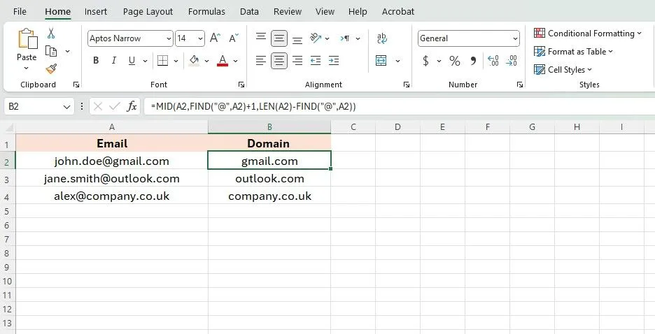 Công thức Excel phức tạp để trích xuất tên miền từ địa chỉ email, đòi hỏi nhiều hàm lồng ghép.