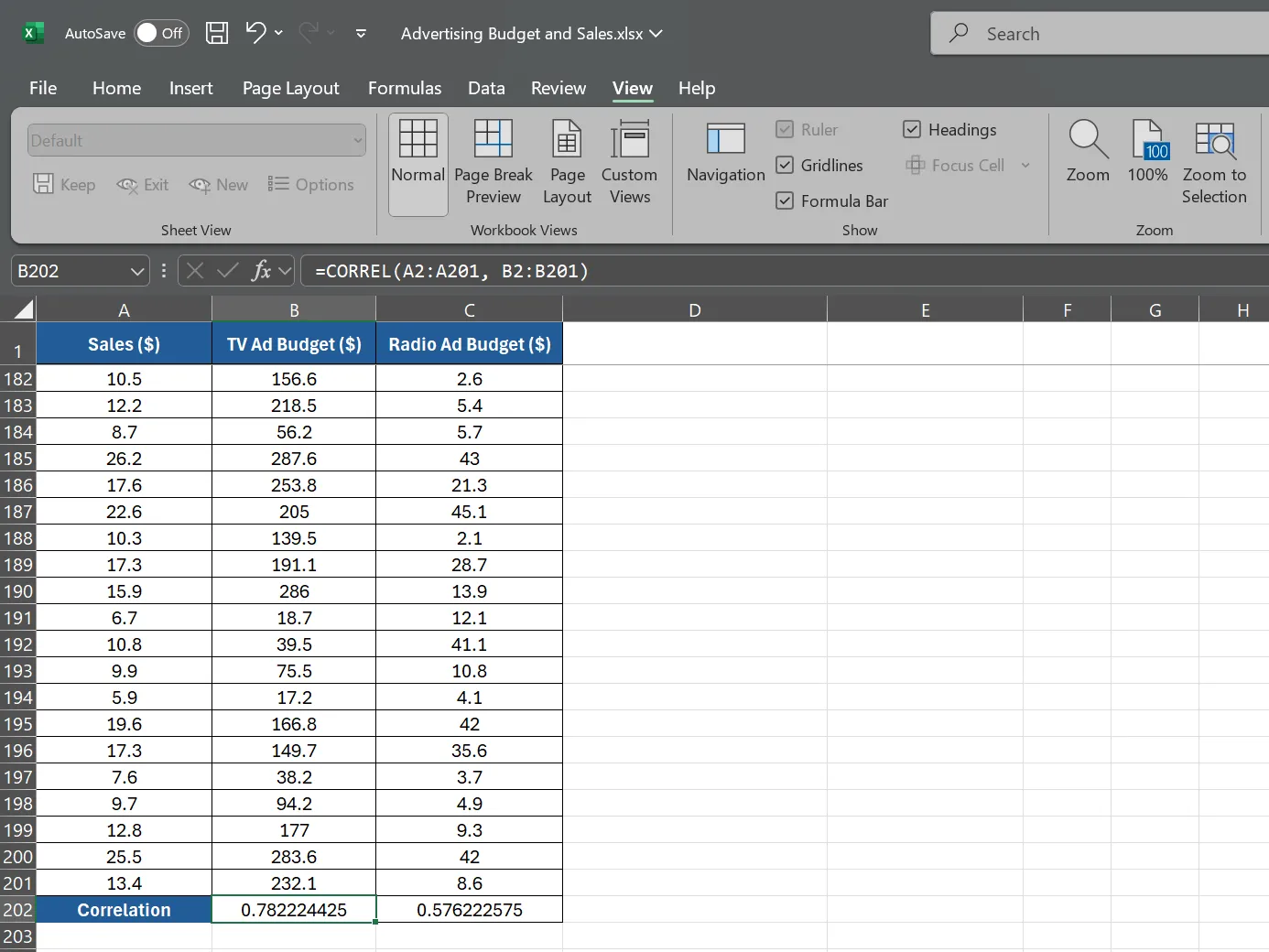 Công thức tương quan trên bảng tính Excel, thể hiện khả năng phân tích dữ liệu chuyên sâu của Excel