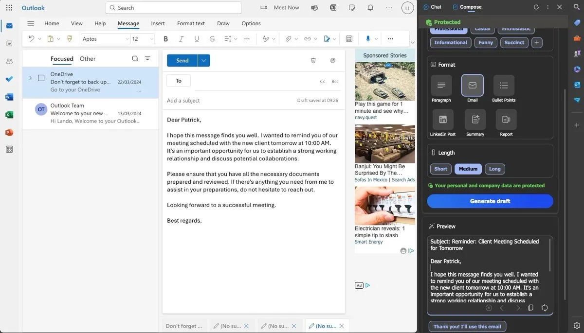 Copilot trong trình duyệt Edge tạo bản nháp email theo dõi cuộc họp