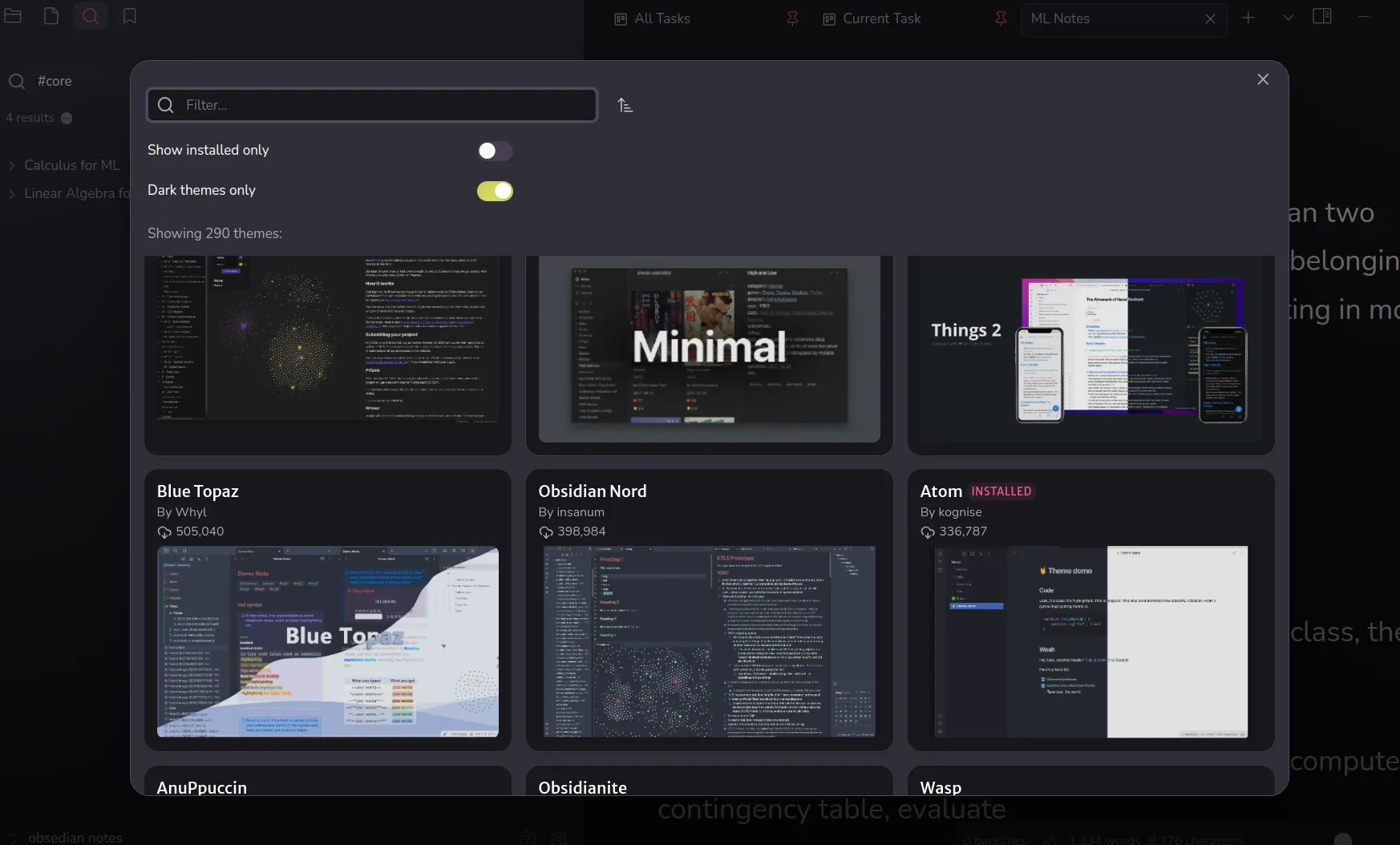 Cửa hàng chủ đề (Themes) của Obsidian với danh sách các giao diện có thể tải về để tùy chỉnh.