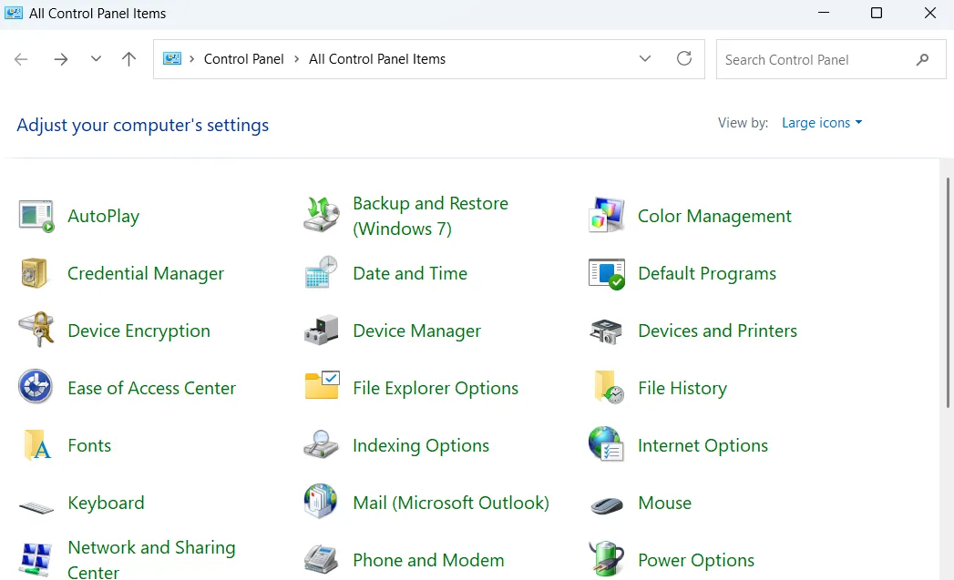 Cửa sổ Bảng Điều Khiển (Control Panel) hiển thị tất cả các mục cài đặt trong Windows 11, nơi truy cập các tùy chọn nâng cao