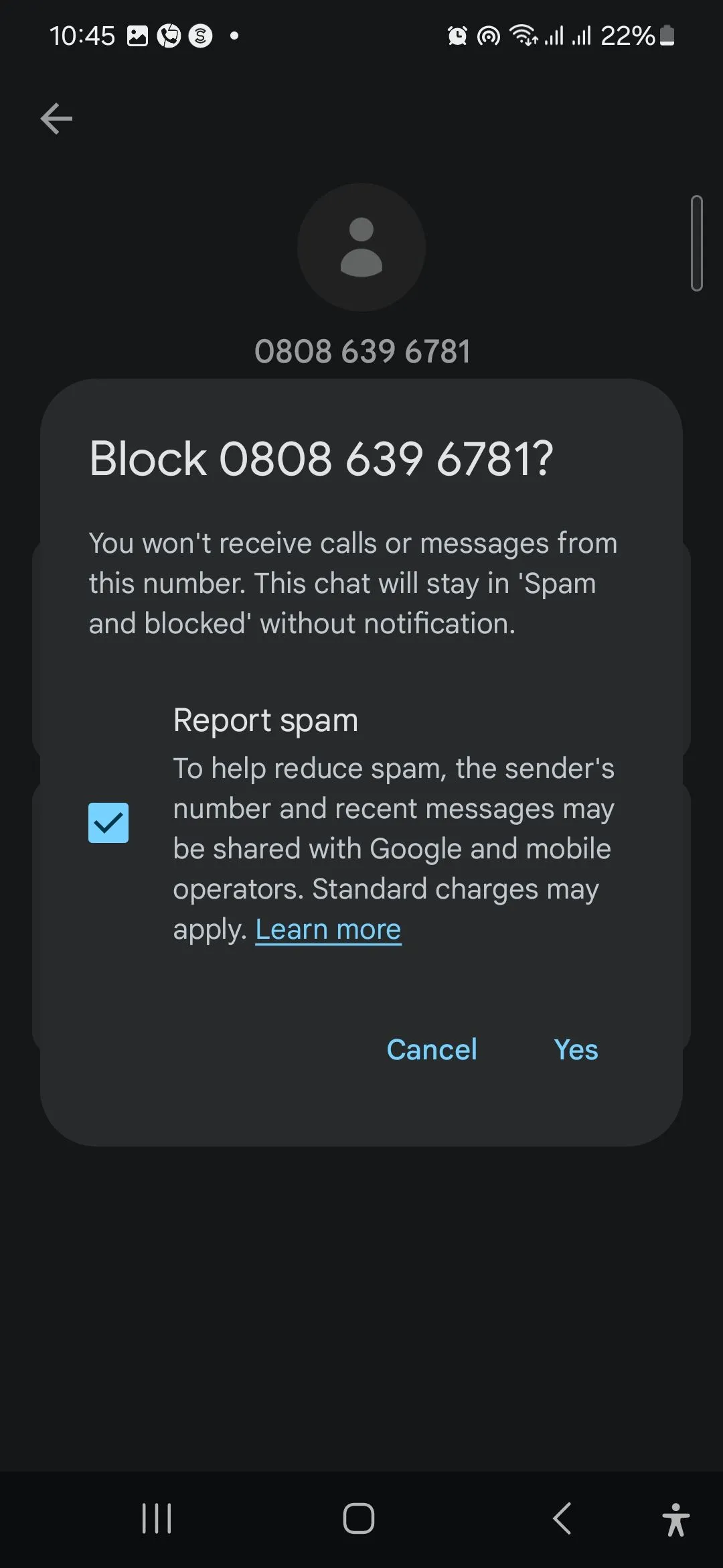 Cửa sổ bật lên xác nhận việc chặn và báo cáo một số điện thoại là spam