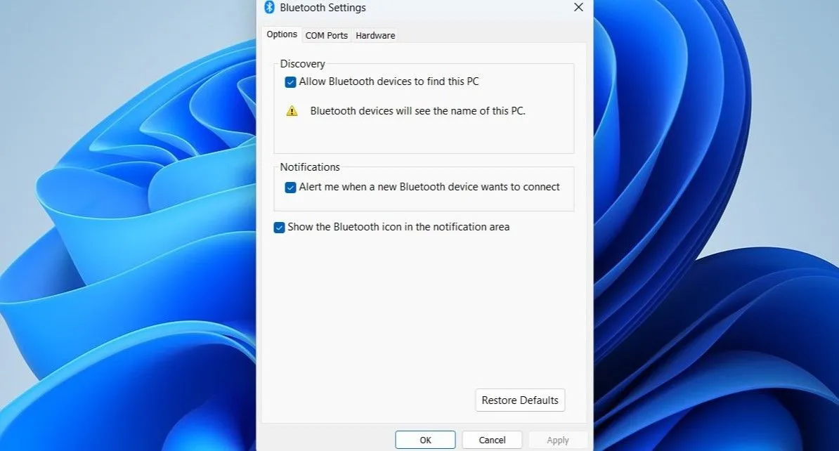 Cửa sổ cài đặt Bluetooth hiển thị tùy chọn hiển thị biểu tượng trong khu vực thông báo