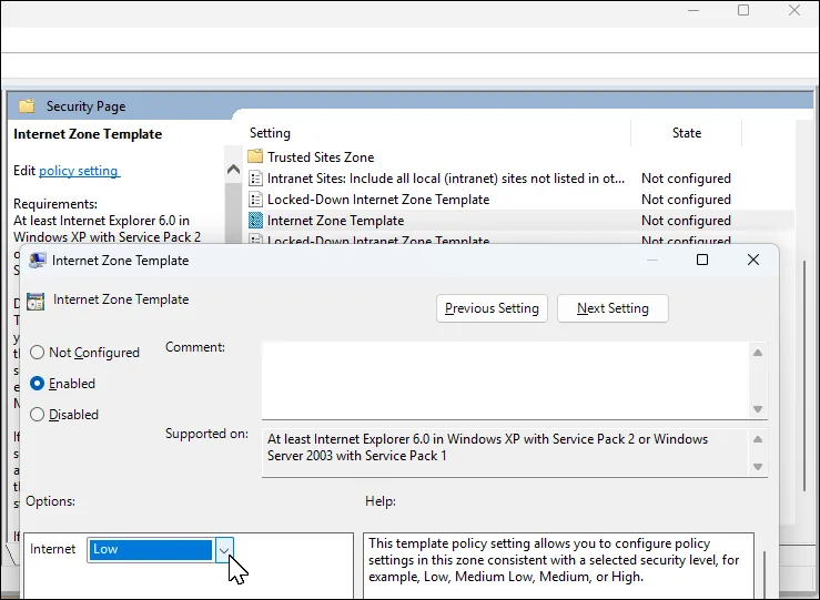 Cửa sổ cài đặt chính sách Internet Zone Template trong Group Policy Editor hiển thị tùy chọn Enabled và mức Low được chọn.
