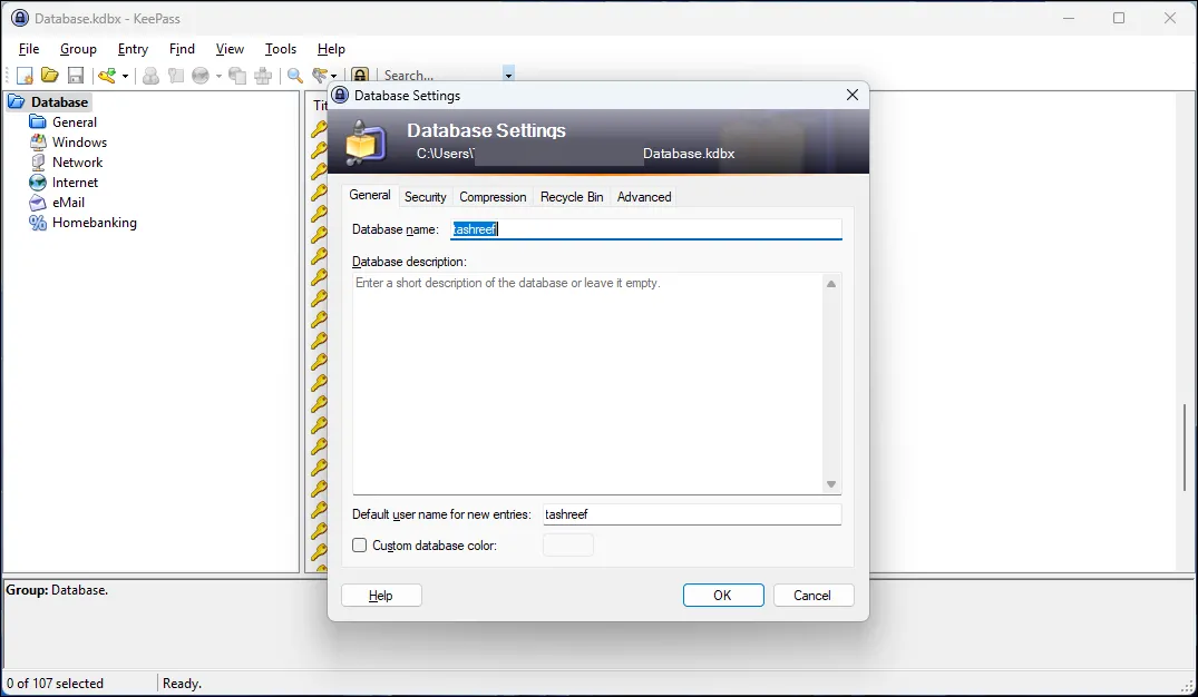 Cửa sổ cài đặt cơ sở dữ liệu KeePass, hiển thị tùy chọn mã hóa và đường dẫn tệp KDBX.