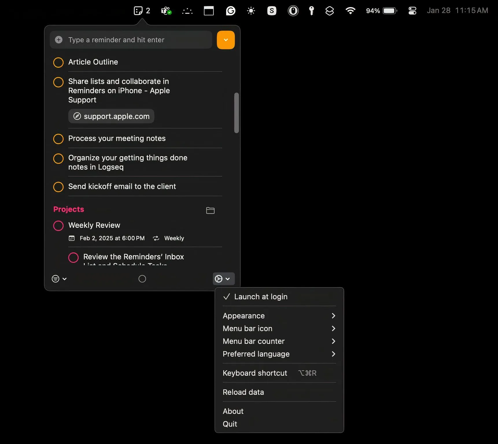Cửa sổ cài đặt của ứng dụng Reminders MenuBar hiển thị các tùy chọn cấu hình