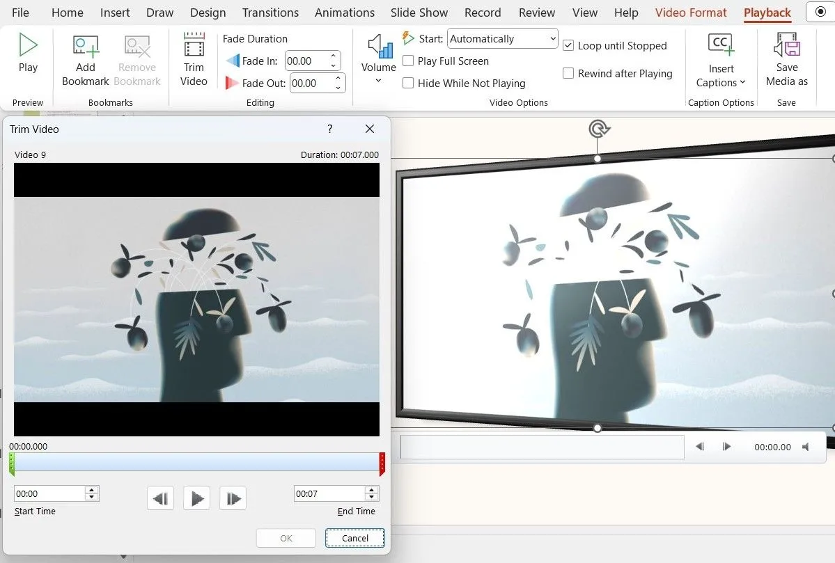 Cửa sổ cắt video (Trim Video) trong PowerPoint, cho phép điều chỉnh thời lượng phát của video