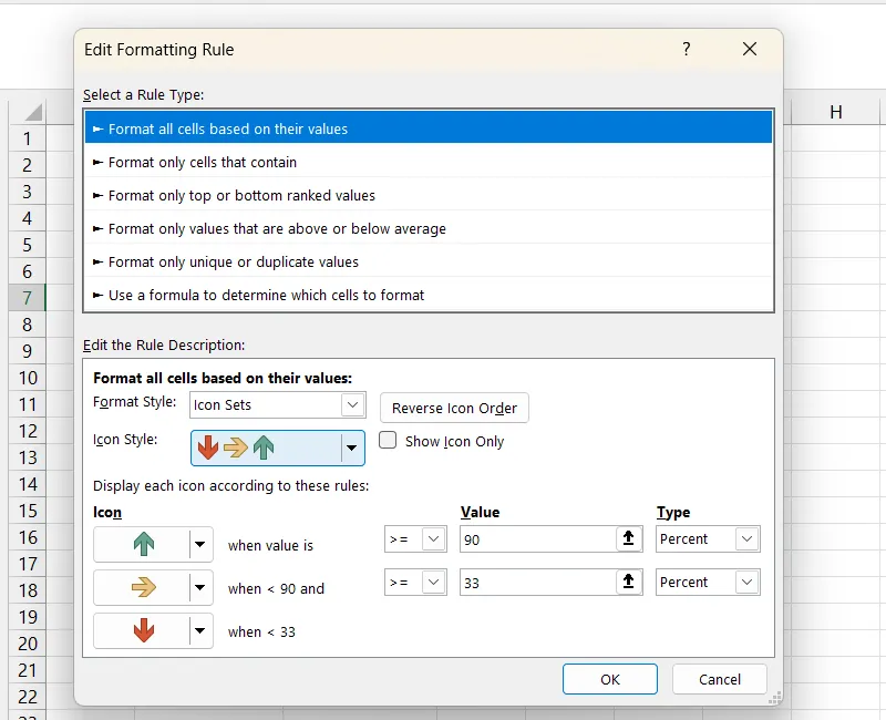 Cửa sổ Chỉnh sửa Quy tắc Định dạng (Edit Formatting Rule) trong Excel, thiết lập hiển thị biểu tượng dựa trên giá trị ô.