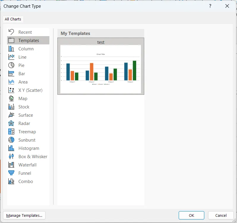 Cửa sổ chọn mẫu biểu đồ trong PowerPoint, hiển thị tùy chọn Templates ở thanh bên trái để áp dụng các thiết kế biểu đồ đã lưu.