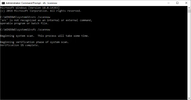 Cửa sổ Command Prompt hiển thị lệnh sfc /scannow đang quét và sửa lỗi file hệ thống