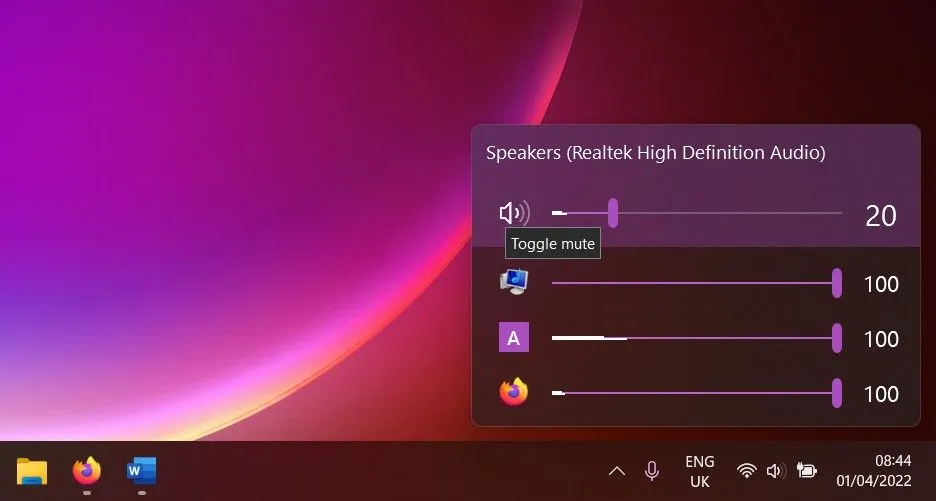 Cửa sổ điều chỉnh âm lượng từng ứng dụng của EarTrumpet trên Windows 11