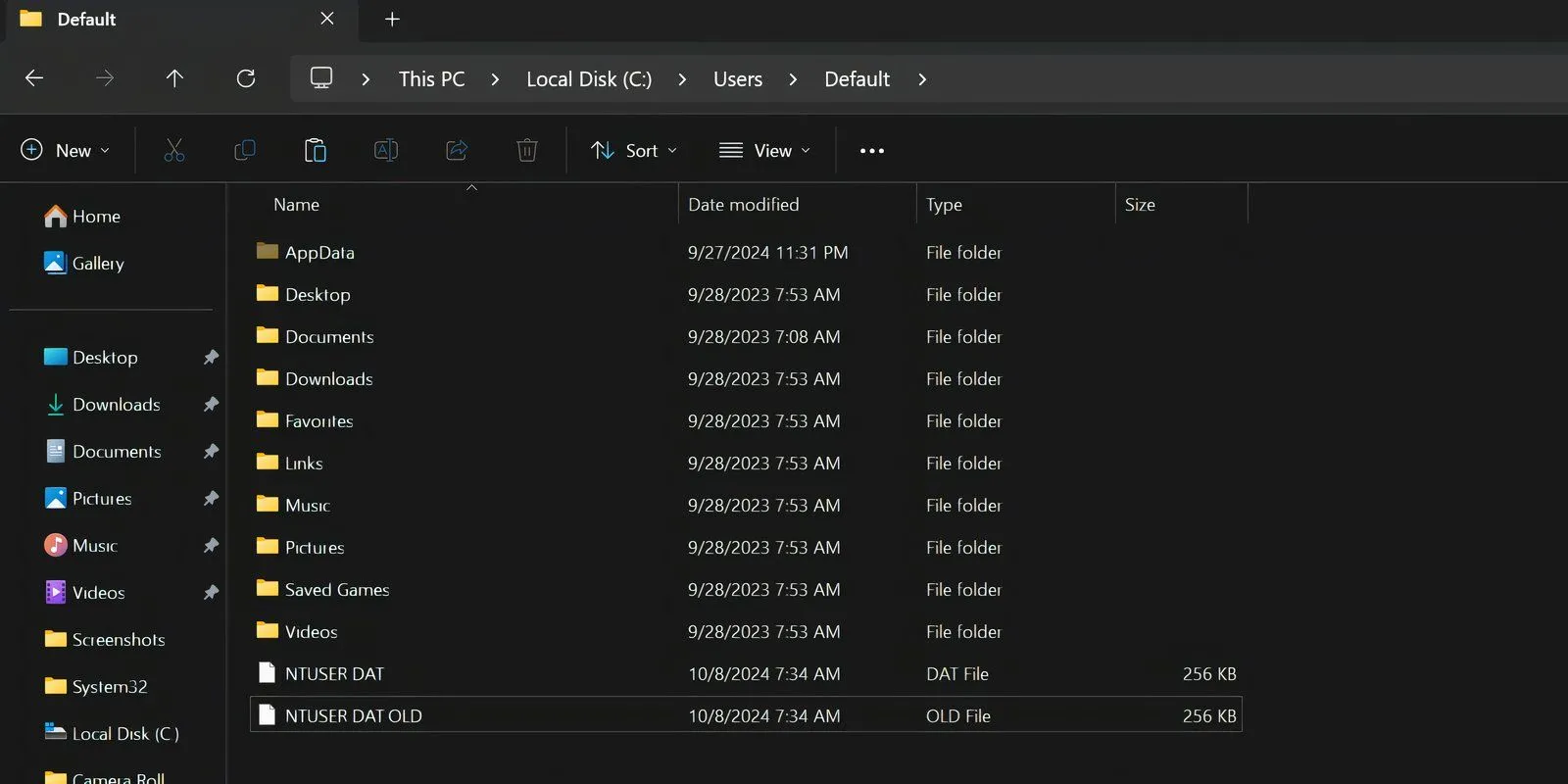 Cửa sổ File Explorer hiển thị vị trí thư mục Default chứa tệp NTUSER.DAT