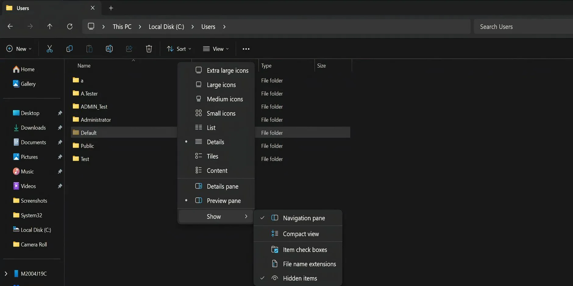 Cửa sổ File Explorer với tùy chọn &quot;Mục ẩn&quot; (Hidden items) được bật trong phần Xem (View) để hiển thị tệp hệ thống