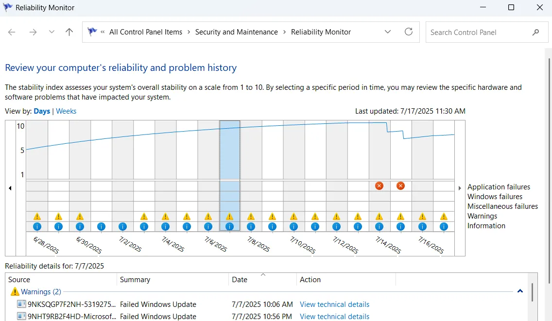 Cửa sổ Giám Sát Độ Tin Cậy (Reliability Monitor) trong Windows 11 thể hiện biểu đồ độ ổn định hệ thống