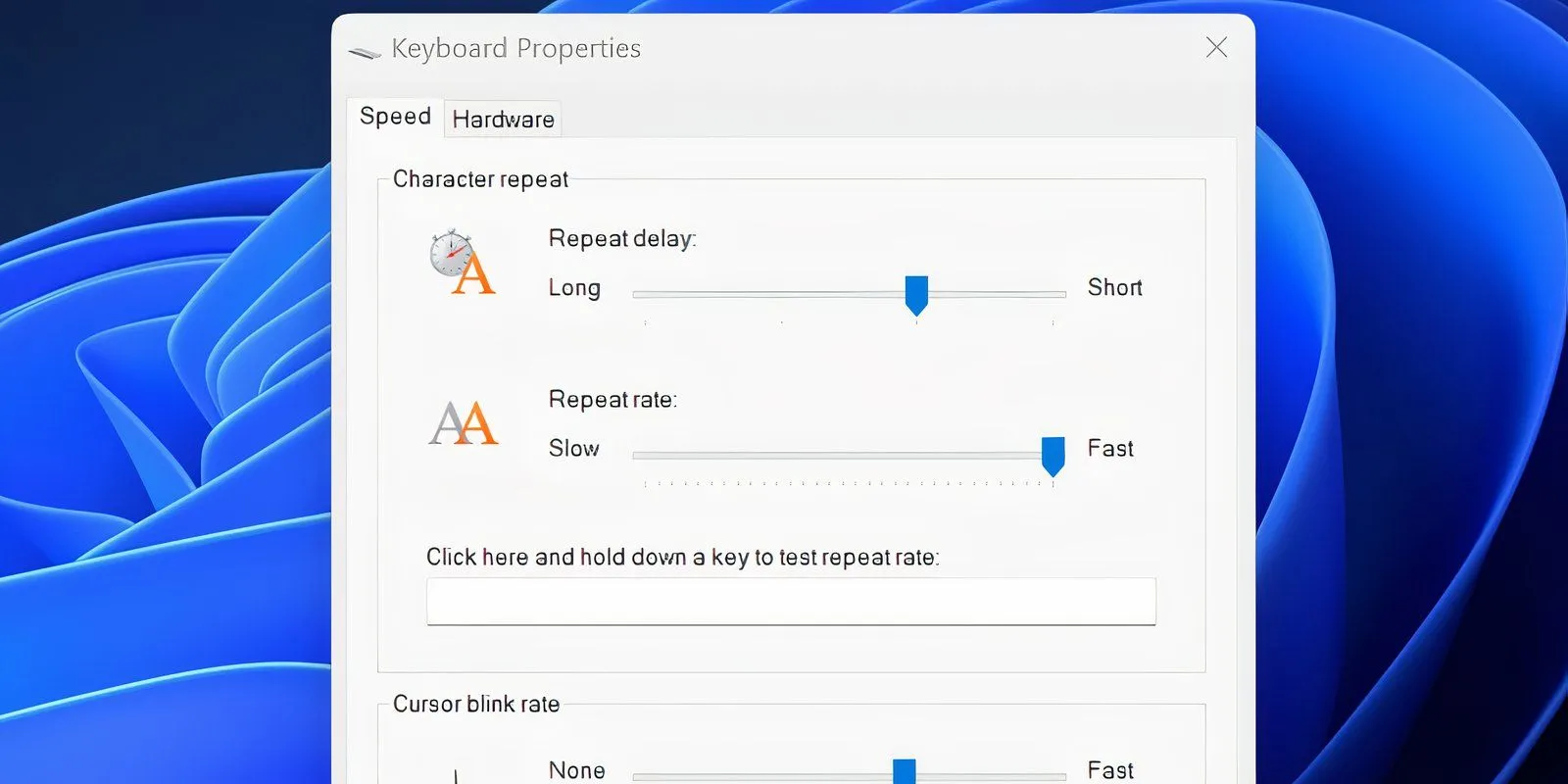 Cửa sổ Keyboard Properties hiển thị tùy chọn Repeat delay và Repeat rate để điều chỉnh độ trễ bàn phím.