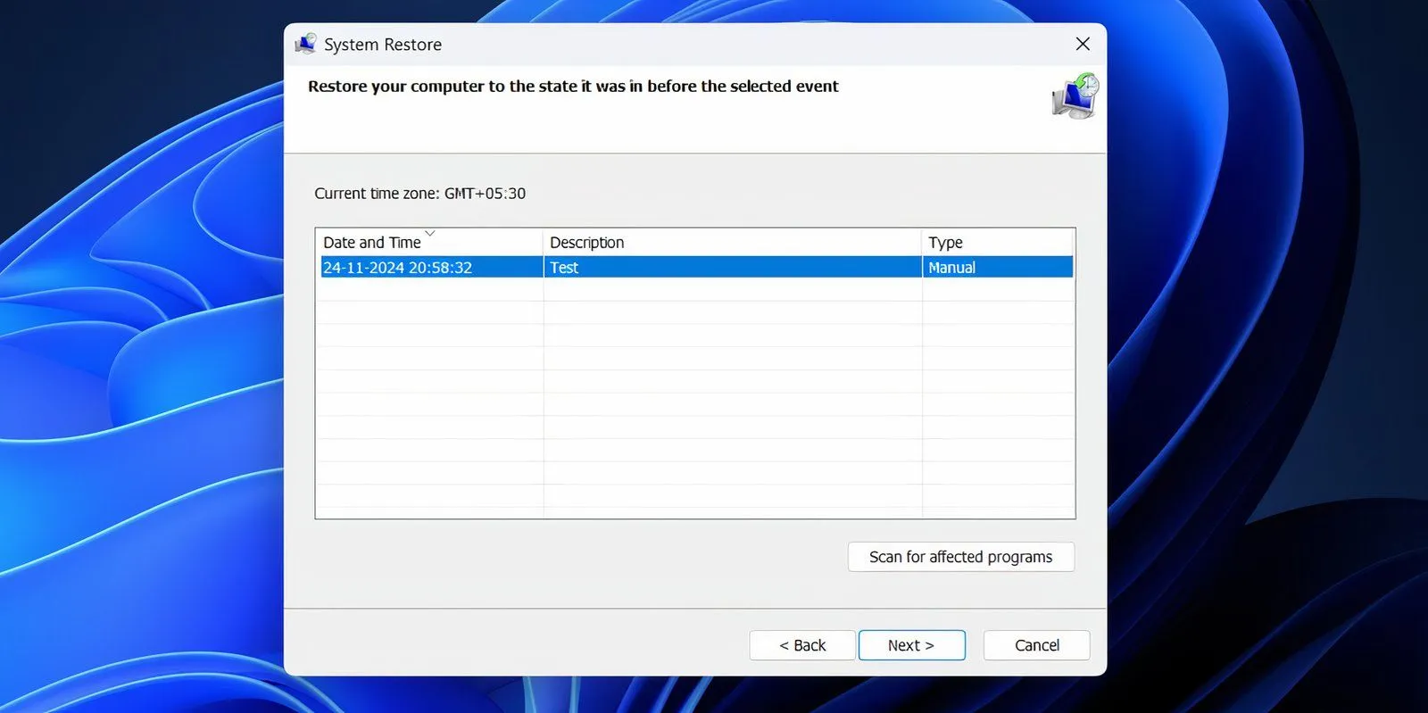Cửa sổ Khôi phục Hệ thống (System Restore) với một điểm khôi phục được chọn