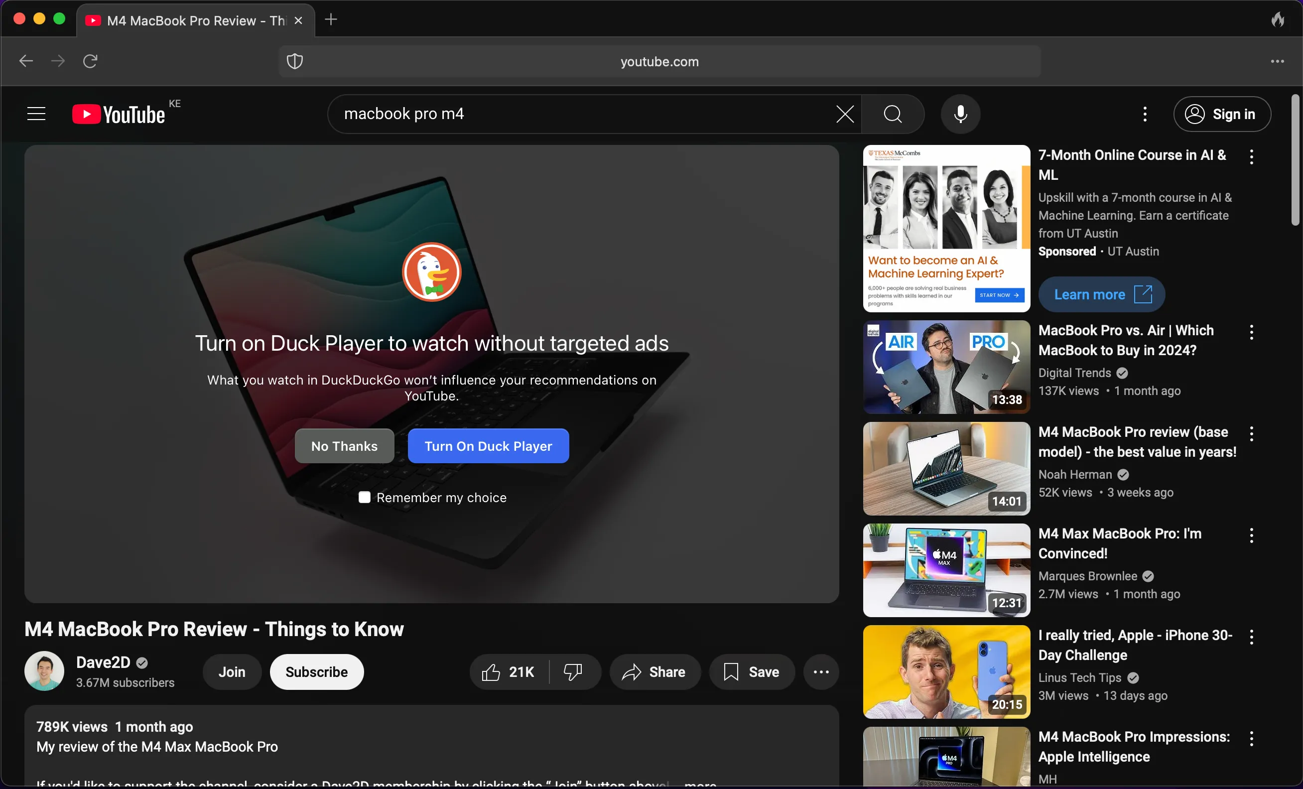 Cửa sổ lựa chọn sử dụng Duck Player khi xem video YouTube trên trình duyệt DuckDuckGo, giúp duyệt web riêng tư hơn.