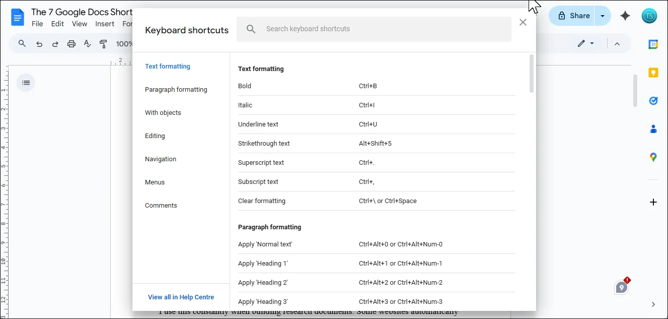 Cửa sổ "Phím tắt bàn phím" trong Google Docs hiển thị danh sách đầy đủ các phím tắt hữu ích, có thể tìm kiếm để tăng hiệu suất làm việc.