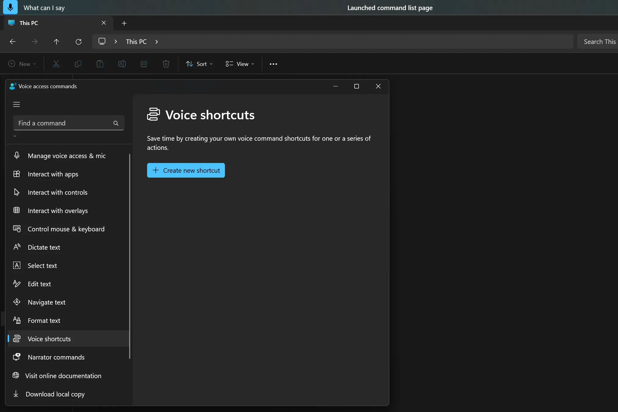Cửa sổ phím tắt giọng nói của tính năng Voice Access Windows 11
