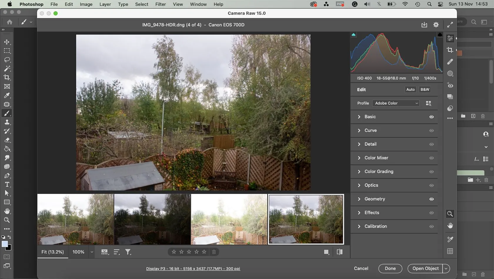 Cửa sổ plugin Camera Raw trong Adobe Photoshop để chỉnh sửa ảnh RAW.