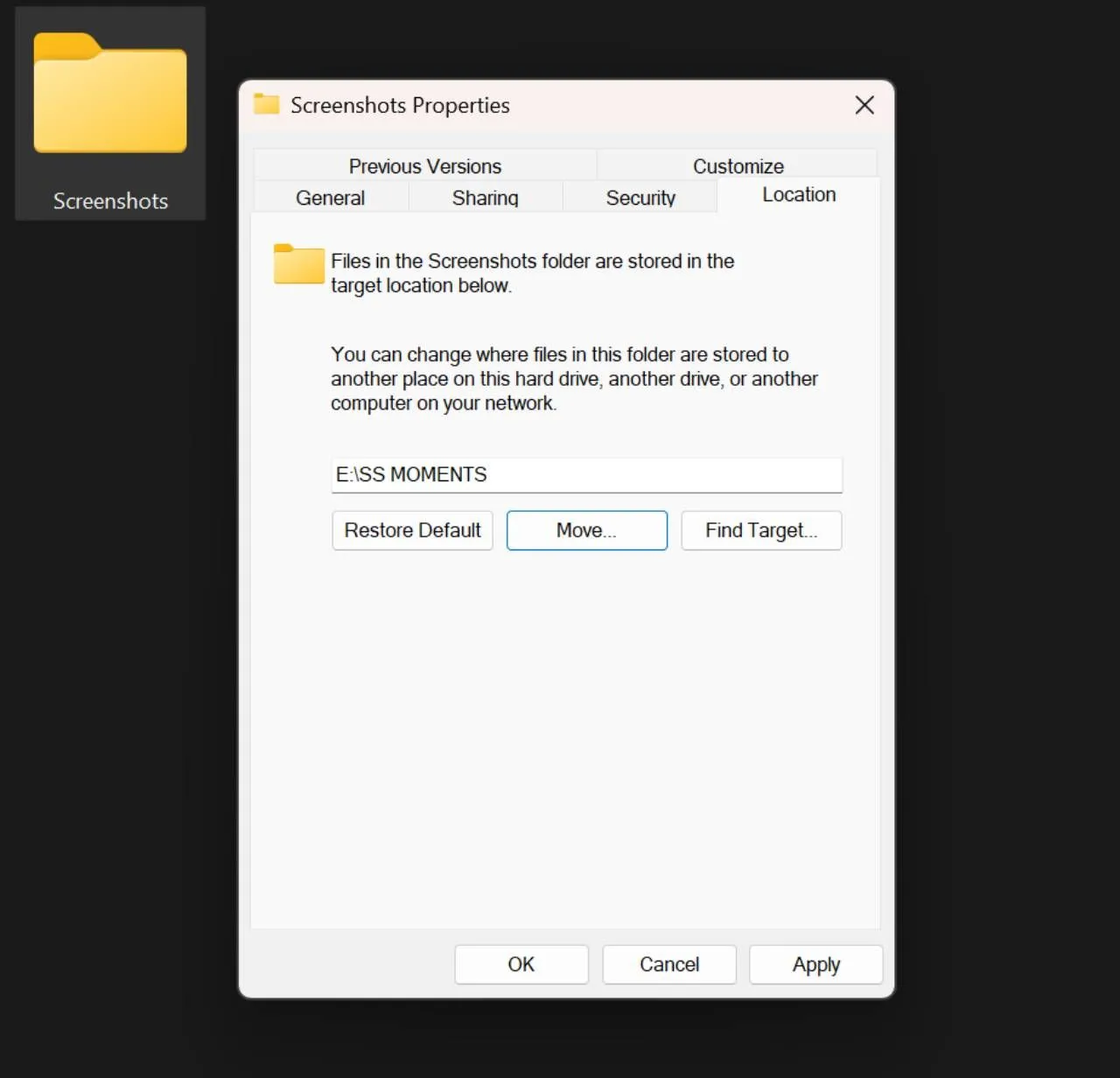 Cửa sổ Properties của thư mục Screenshots trong File Explorer, hiển thị tab Location đã được chọn