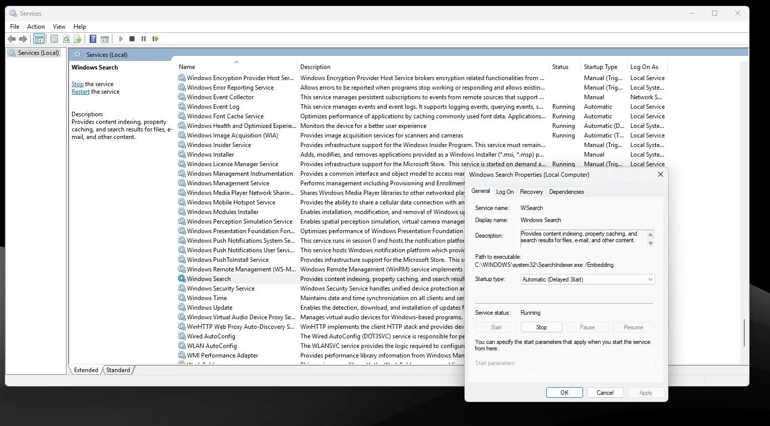 Cửa sổ Quản lý Dịch vụ Windows (Services) với các tùy chọn thuộc tính của Windows Search để vô hiệu hóa.