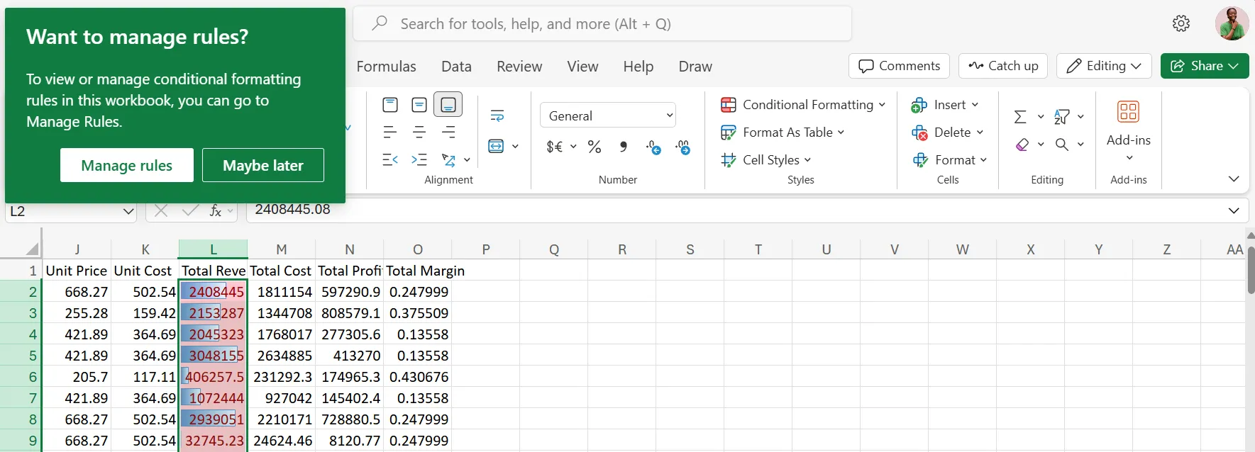 Cửa sổ Quản lý Quy tắc Định dạng có Điều kiện trong Excel Online sau khi kích hoạt Thanh dữ liệu