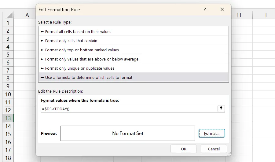 Cửa sổ Quy tắc Định dạng Mới trong Excel, với công thức `=$D3&lt;TODAY()` để tô màu các hàng có ngày quá hạn.