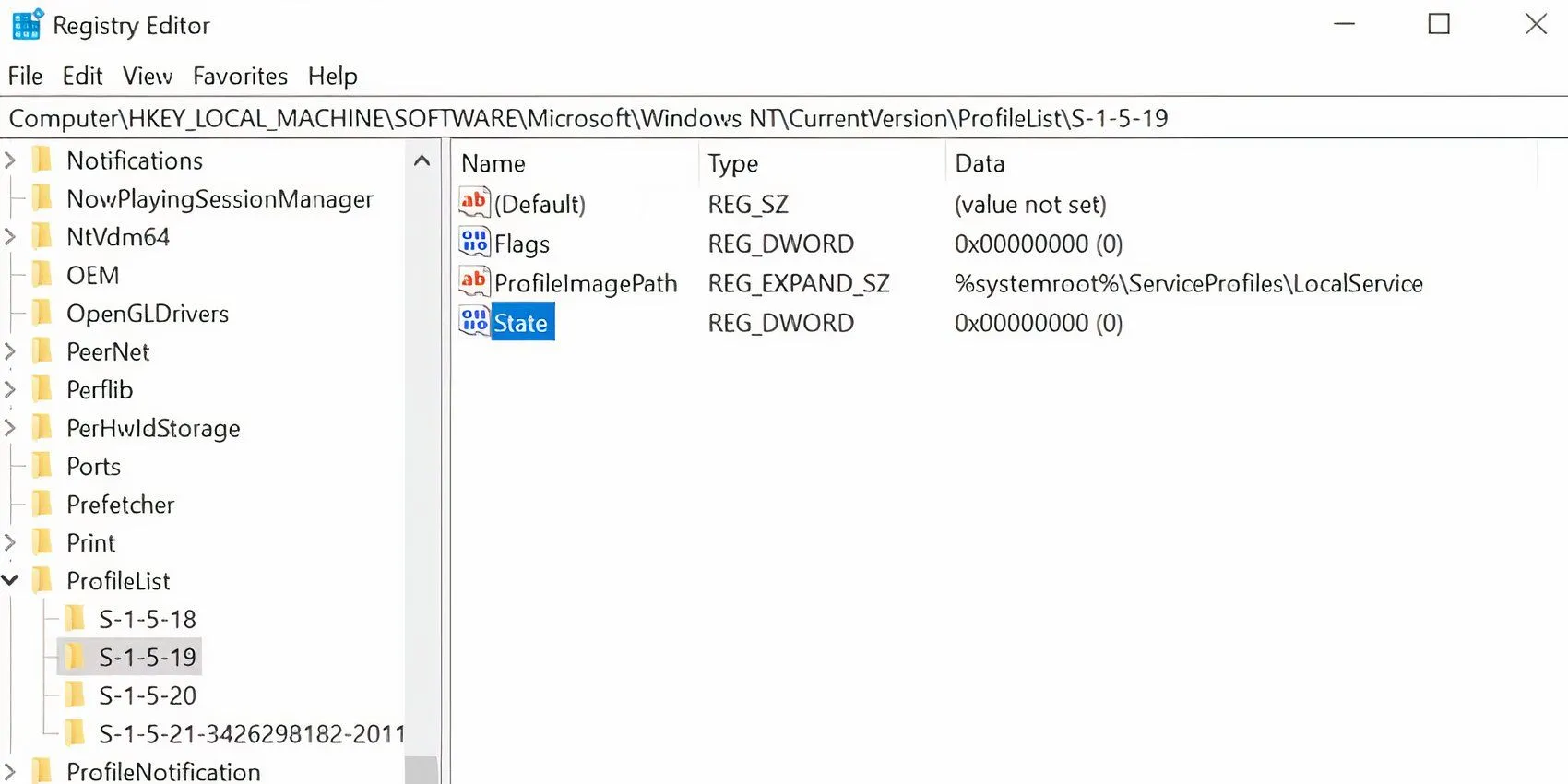 Cửa sổ Registry Editor hiển thị khóa con Profile List cần chỉnh sửa để khắc phục lỗi đăng nhập