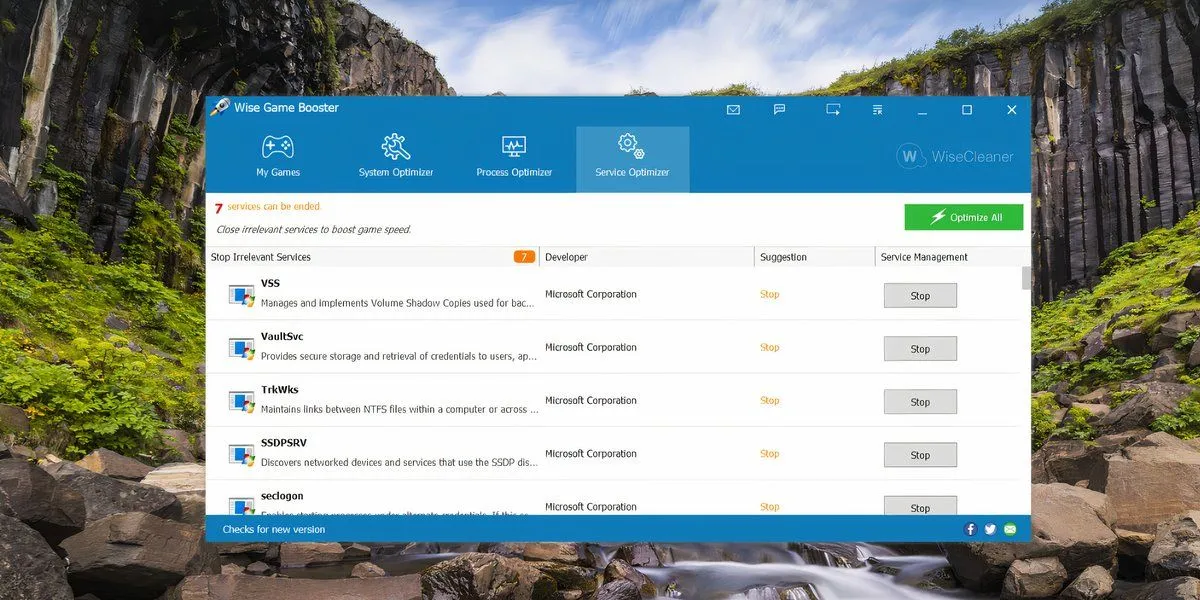Cửa sổ Service Optimizer của Wise Game Booster trên Windows 11
