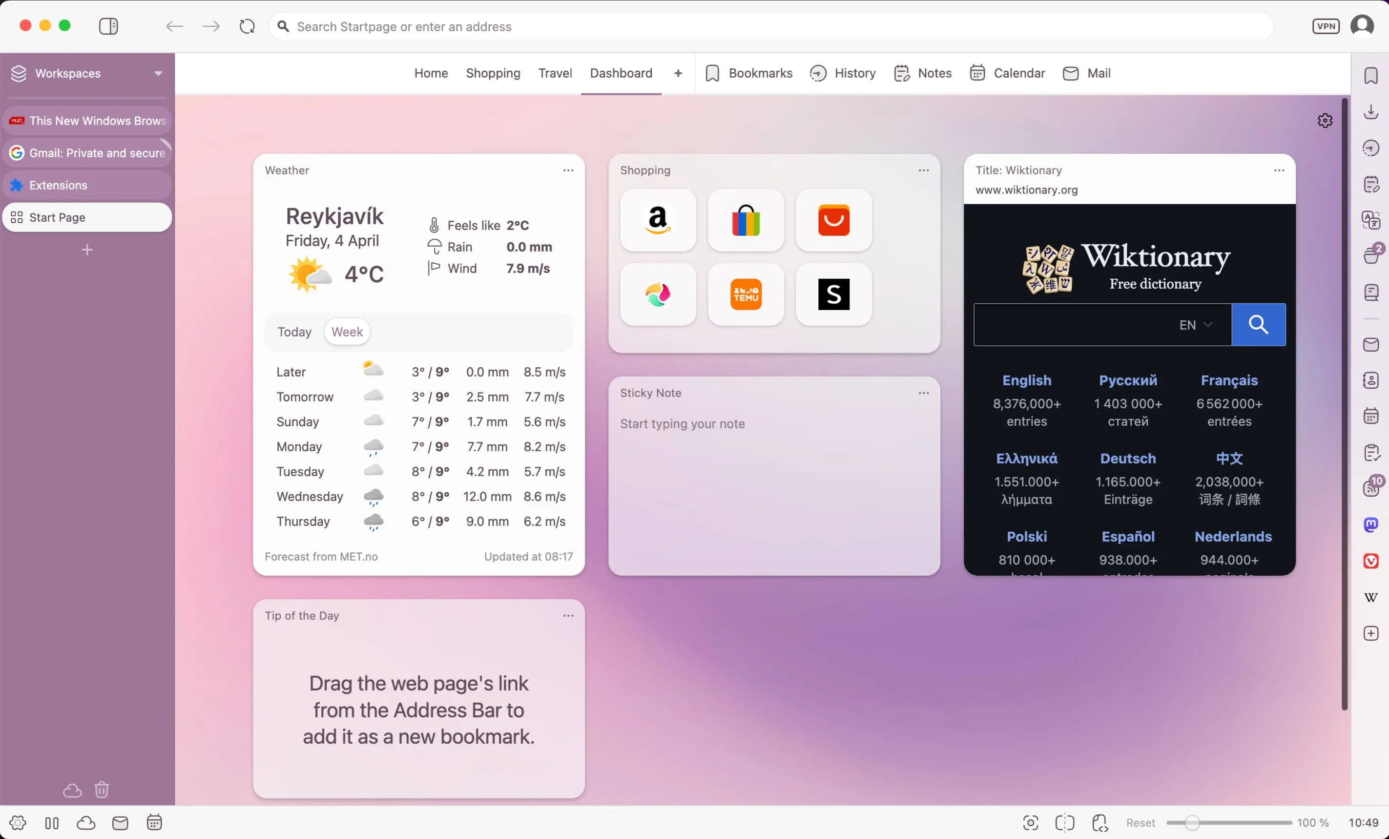 Cửa sổ tab mới của trình duyệt Vivaldi với bảng điều khiển (dashboard) tùy chỉnh, thể hiện khả năng cá nhân hóa mạnh mẽ.