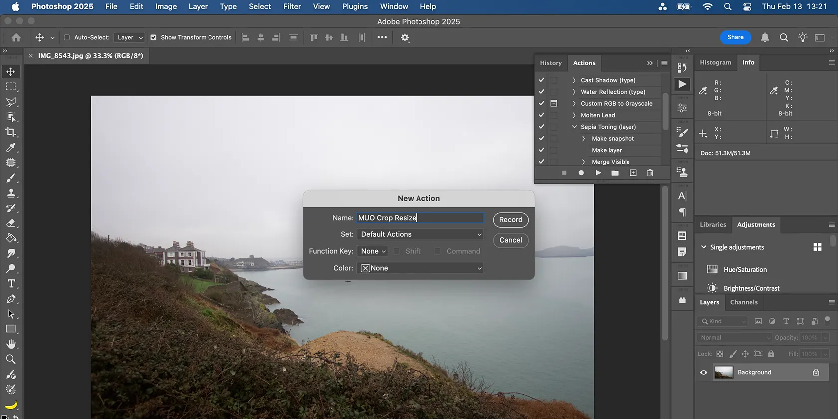 Cửa sổ tạo Action mới trong Photoshop, nơi bạn đặt tên và thiết lập