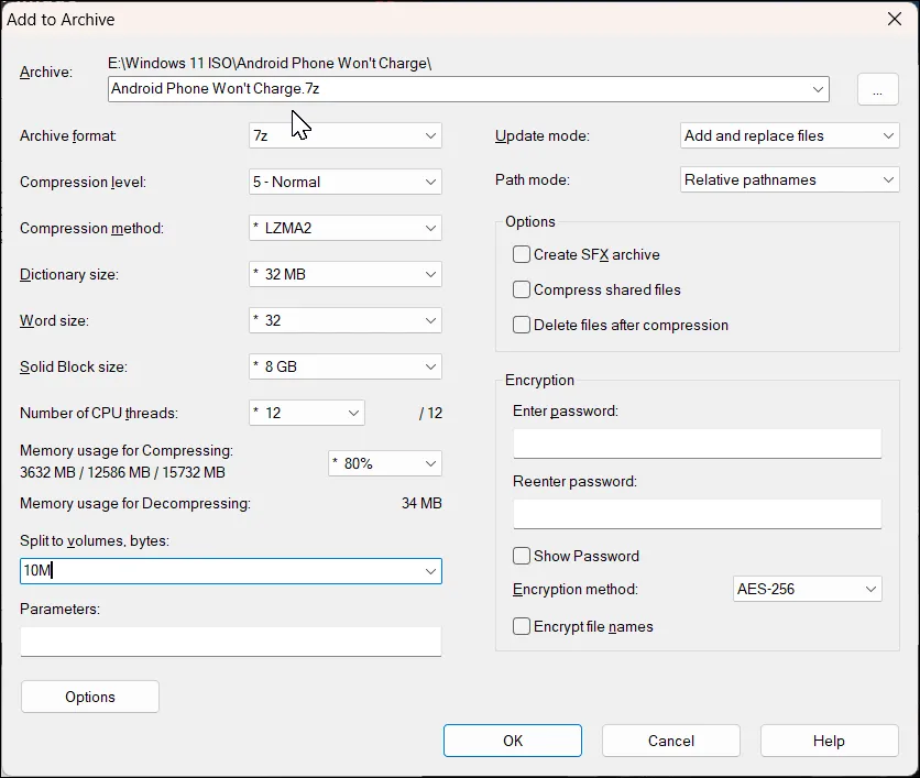 Cửa sổ thêm vào kho lưu trữ của 7-Zip trên Windows 11 hiển thị tùy chọn chia dung lượng