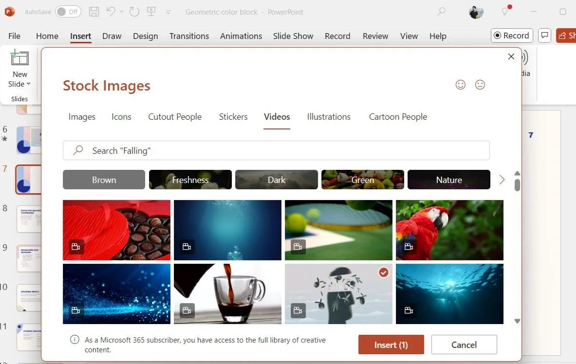 Cửa sổ thư viện Stock Video của Microsoft 365 trong PowerPoint, hiển thị các video có sẵn để chèn