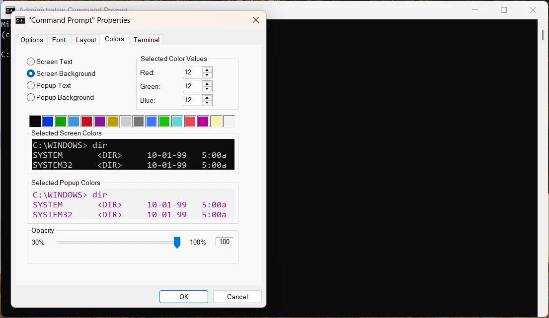 Cửa sổ thuộc tính (Properties) của Command Prompt trên Windows với các tab tùy chỉnh như Font, Layout, Colors và Terminal