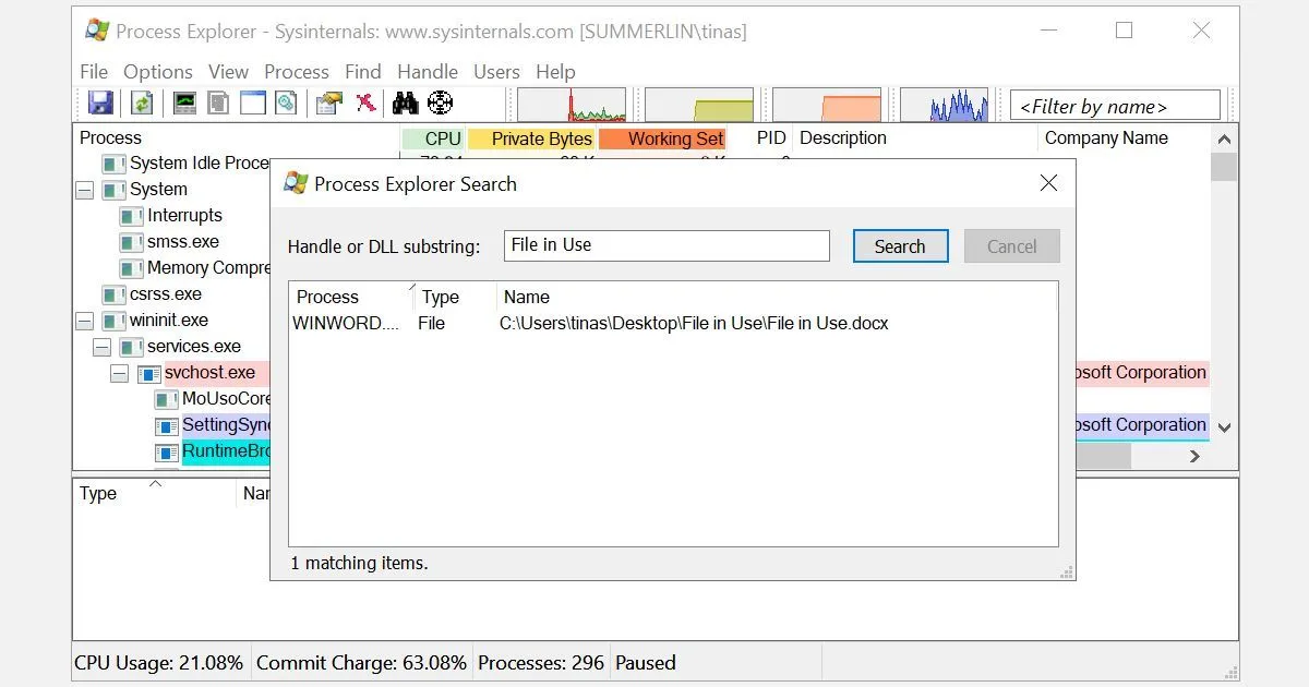 Cửa sổ tìm kiếm trong Process Explorer để tìm file.