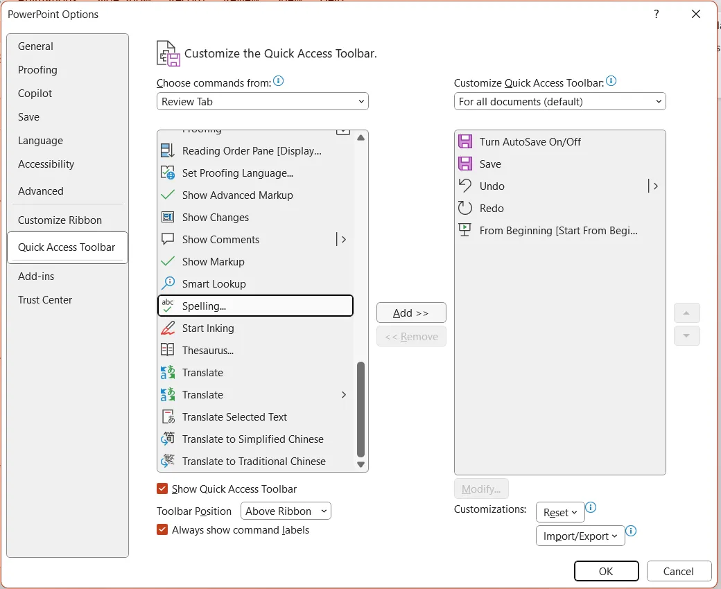 Cửa sổ tùy chỉnh Quick Access Toolbar trong PowerPoint, minh họa cách thêm lệnh vào thanh công cụ truy cập nhanh để tối ưu quy trình làm việc.