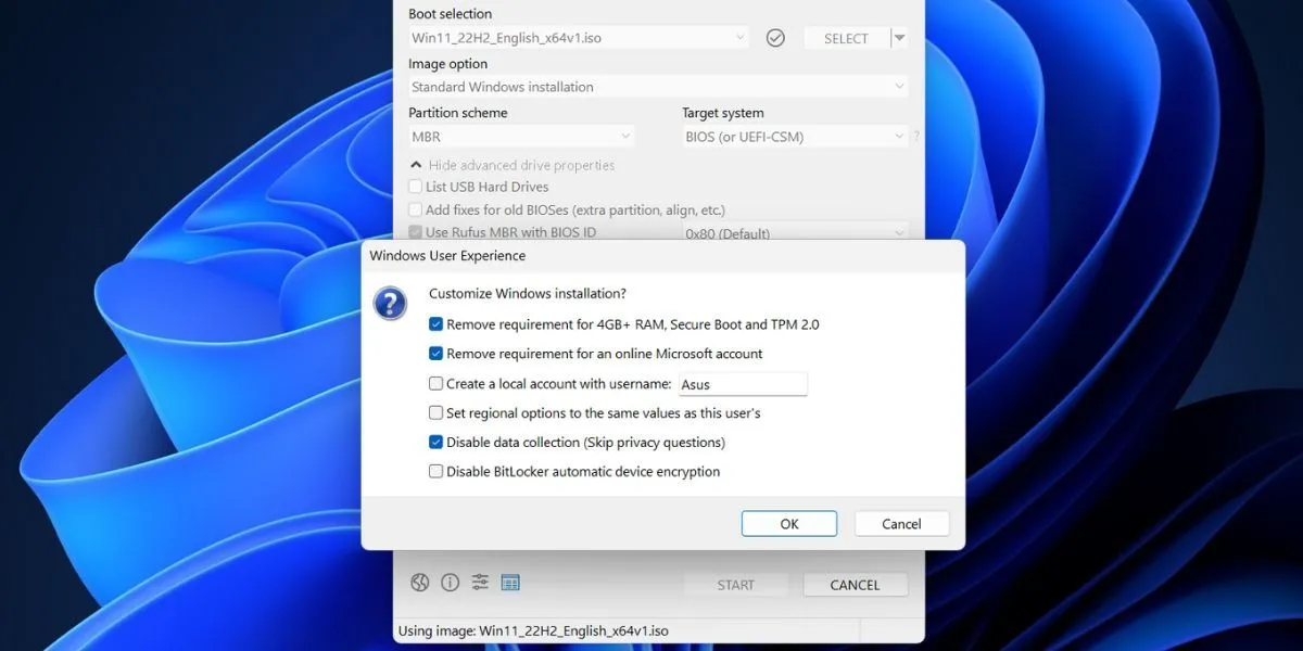 Cửa sổ tùy chỉnh Windows User Experience trong Rufus, cho phép bỏ qua yêu cầu TPM, Secure Boot, RAM 4GB và tài khoản Microsoft.