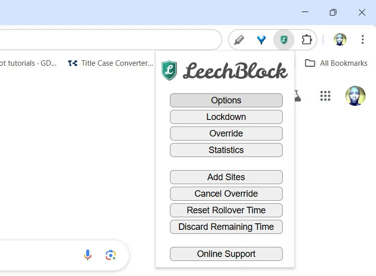 Cửa sổ tùy chọn của tiện ích mở rộng LeechBlock NG trong Google Chrome.