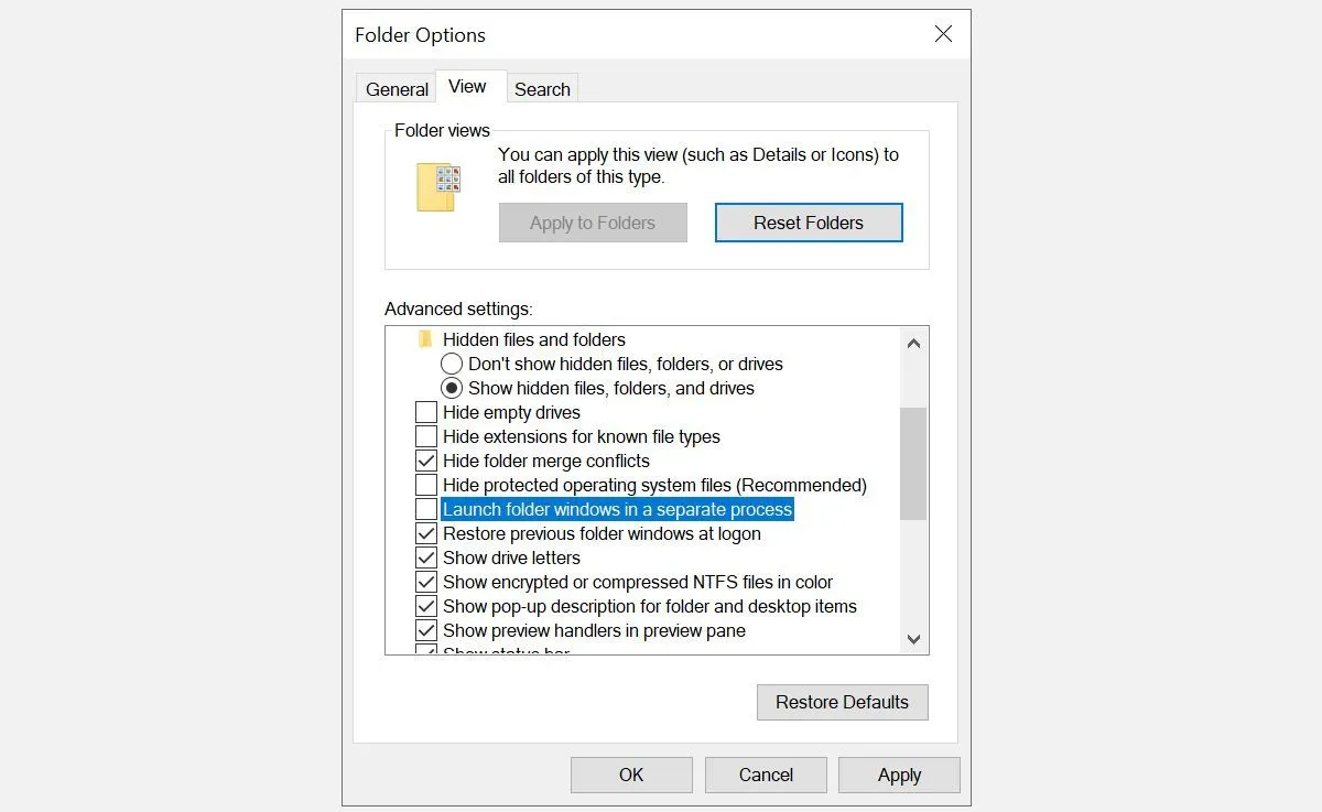 Cửa sổ Tùy chọn Thư mục trong Windows File Explorer.